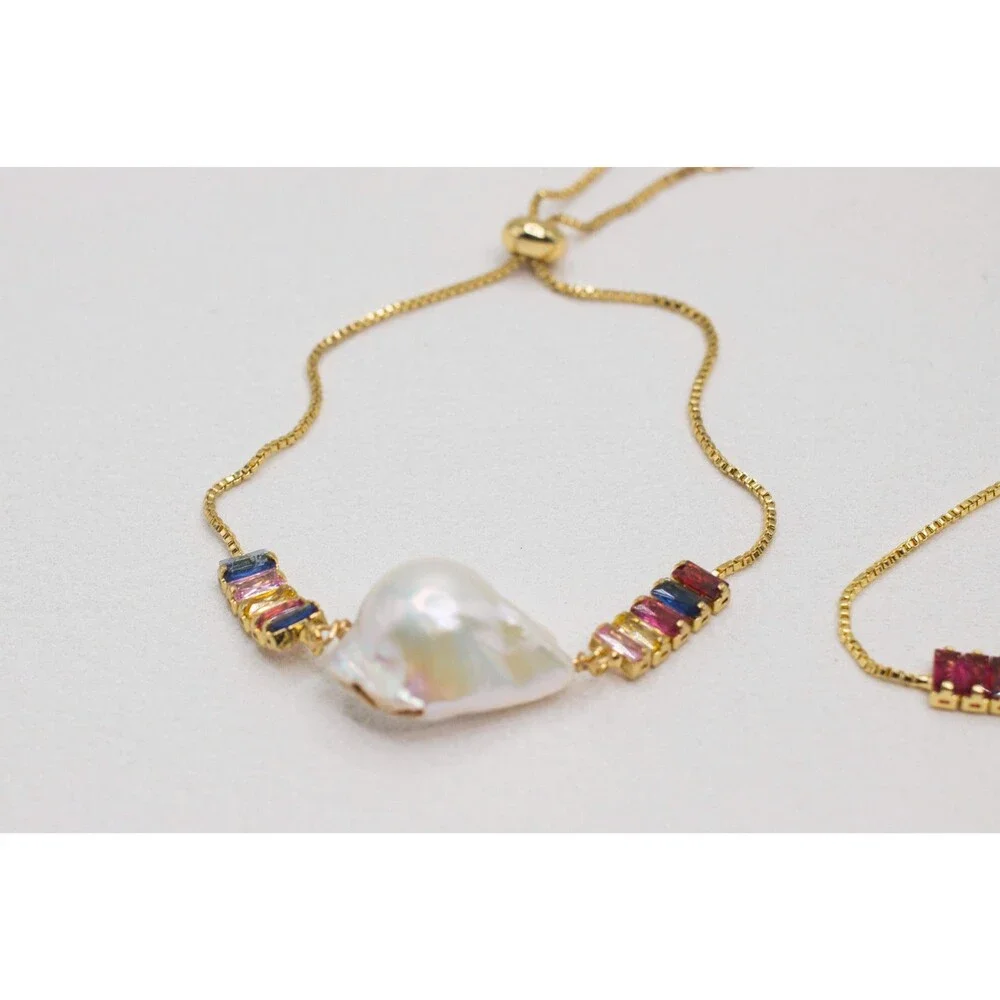 Adjustable White Baroque Pearl Bracelet With Chain and Rainbow Zircon